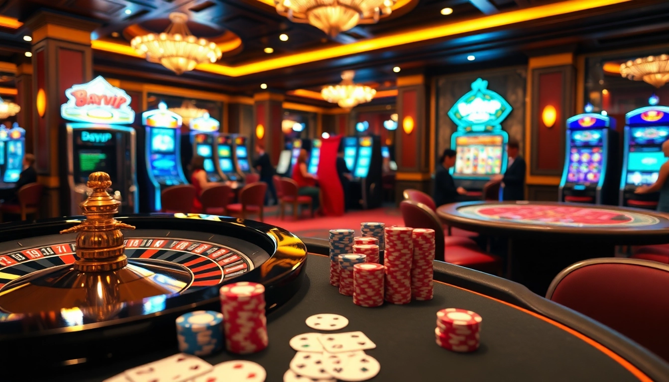 Players enjoying a thrilling game at Bayvip casino, featuring colorful poker chips and a live dealer experience.