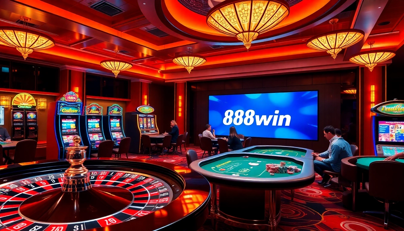 Exciting gaming scene at 68win casino with players at tables and slot machines lighting up.