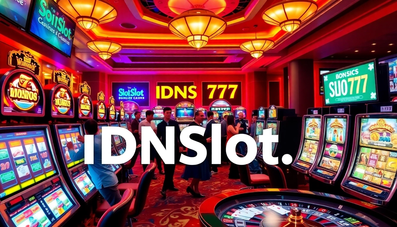 Players enjoying the excitement of idnslot at a vibrant casino with colorful slot machines.