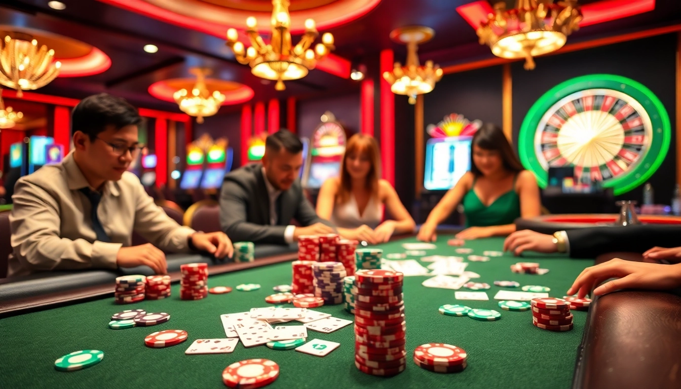 Players enjoy a vibrant casino atmosphere at Nhà cái 13win, featuring poker chips and cards.