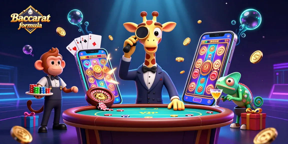 Baccarat formula scene with a giraffe in a suit at a poker table, showcasing vibrant casino elements in rich 3D detail.