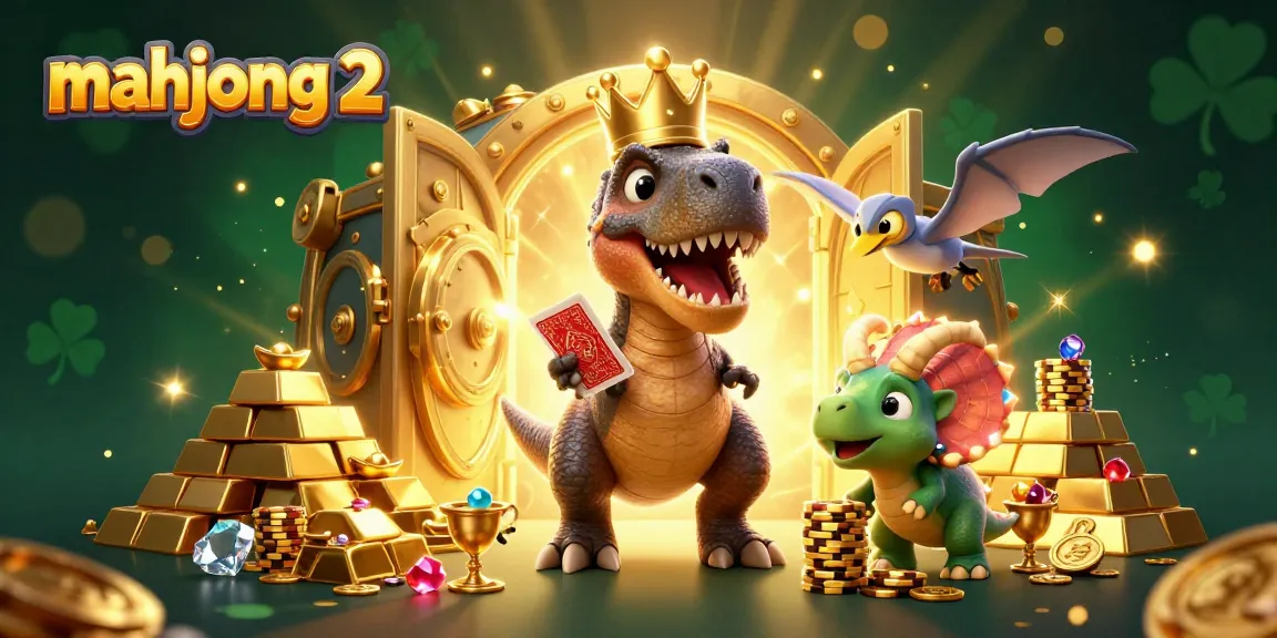 Experience mahjong 2 entertainment with a vibrant casino illustration showcasing fun characters and golden treasures.