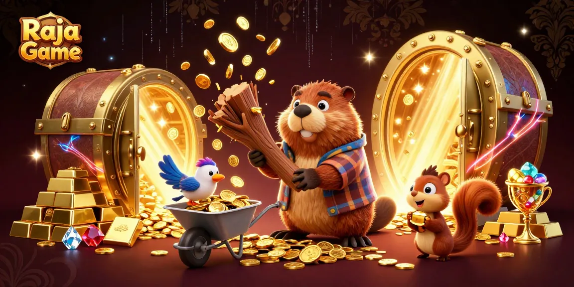 Raja Game showcases a beaver and friends amidst cascading gold coins in a vibrant casino illustration.