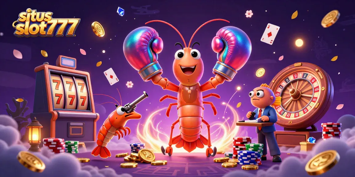 Experience winning thrills at situs slot777 featuring cartoon shrimp champions amidst golden coins.