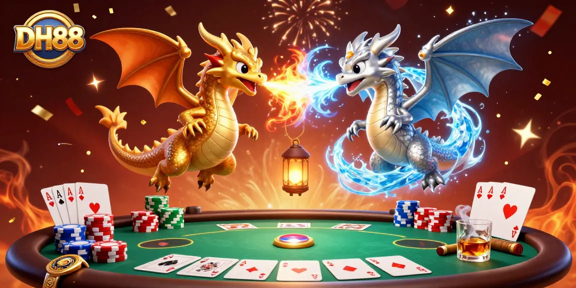 Experience thrilling gameplay at DH88 with golden and silver dragons amidst colorful poker elements.