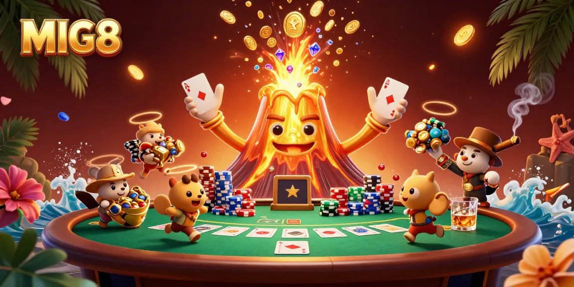 MIG8 offers a vibrant casino illustration showcasing a volcano pouring coins and treasure, perfect for gamblers.